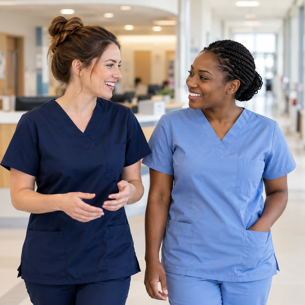 Two nursing professionals talking in a bright hospital