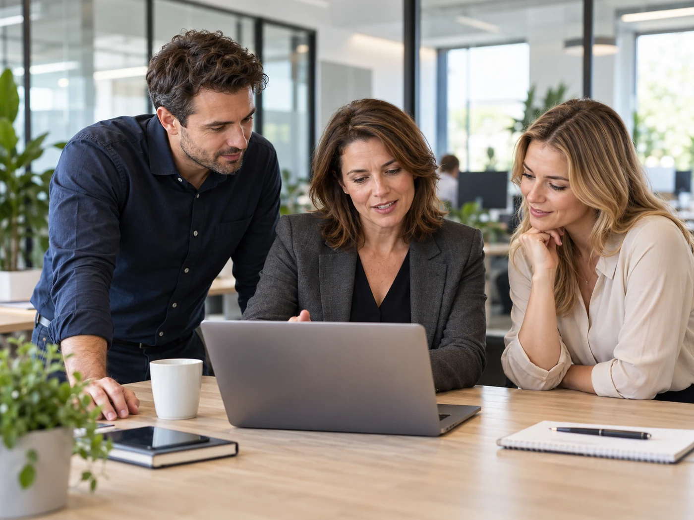 Payroll and office professionals reviewing information together