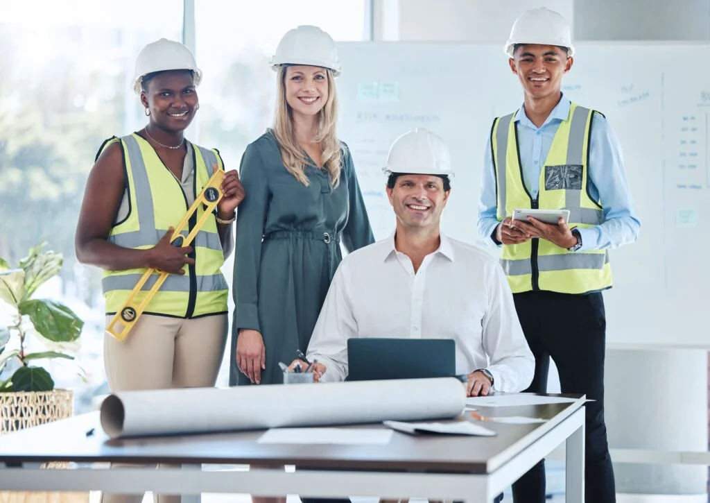 Construction professionals wearing hard hats
