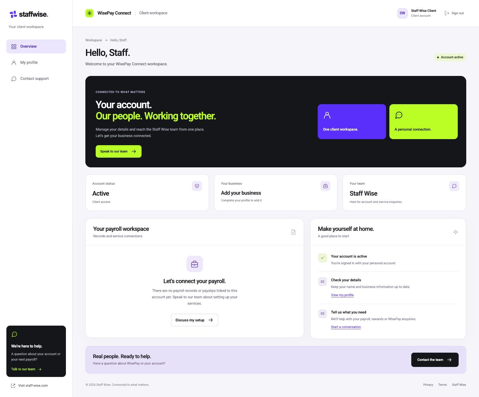 WisePay Connect client dashboard with account details, profile and support links
